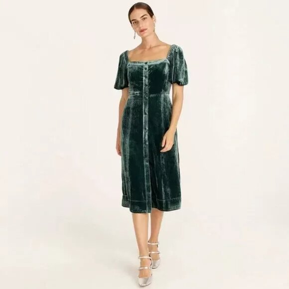 J Crew Green Velvet Puff Sleeve Midi Dress Sz 2 (Hemmed) - Picture 1 of 5
